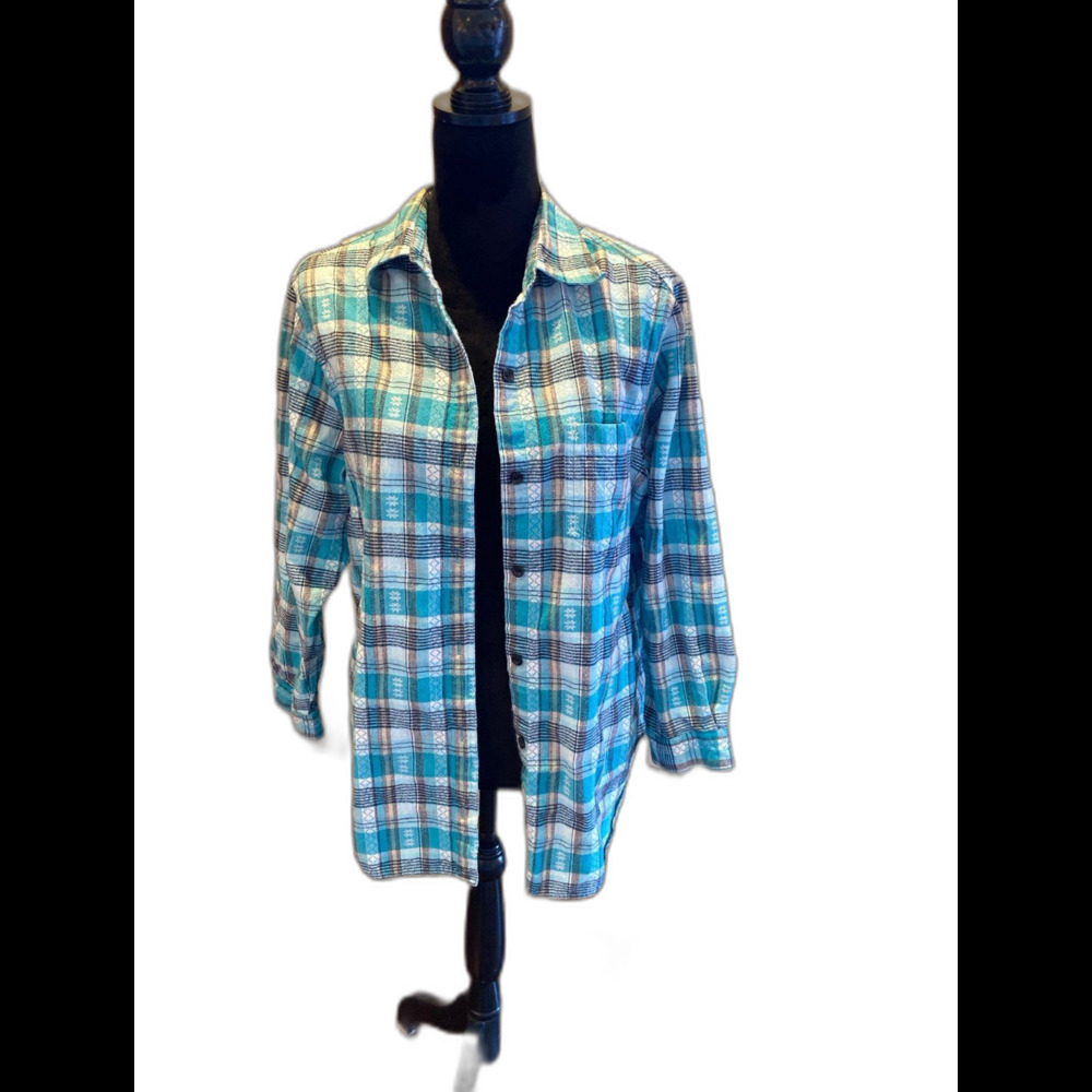 Fashion Bug Button Down Blouse Size 14 16‎ Turquoise Plaid Stripes 100% Cotton